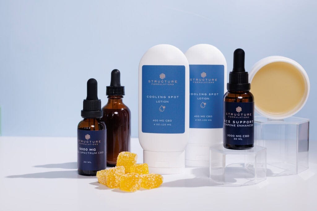 Pure CBD skincare products, including cooling spot lotion, serums, and topical oils from Structure Formulations for targeted relief and skin health.
