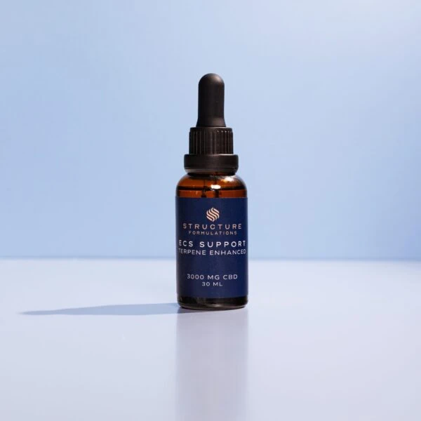 CBD oil dropper bottle with Structure Formulations branding, 3000mg CBD, terpenes, and health support, on a light background.
