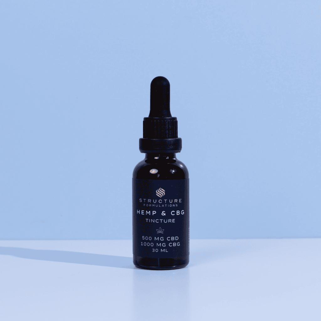 Hemp and CBG tincture bottle for wellness, featuring broad-spectrum CBD and CBG in a 30ml size, designed for natural relief and health support, from Structure Formulations for premium CBD products.