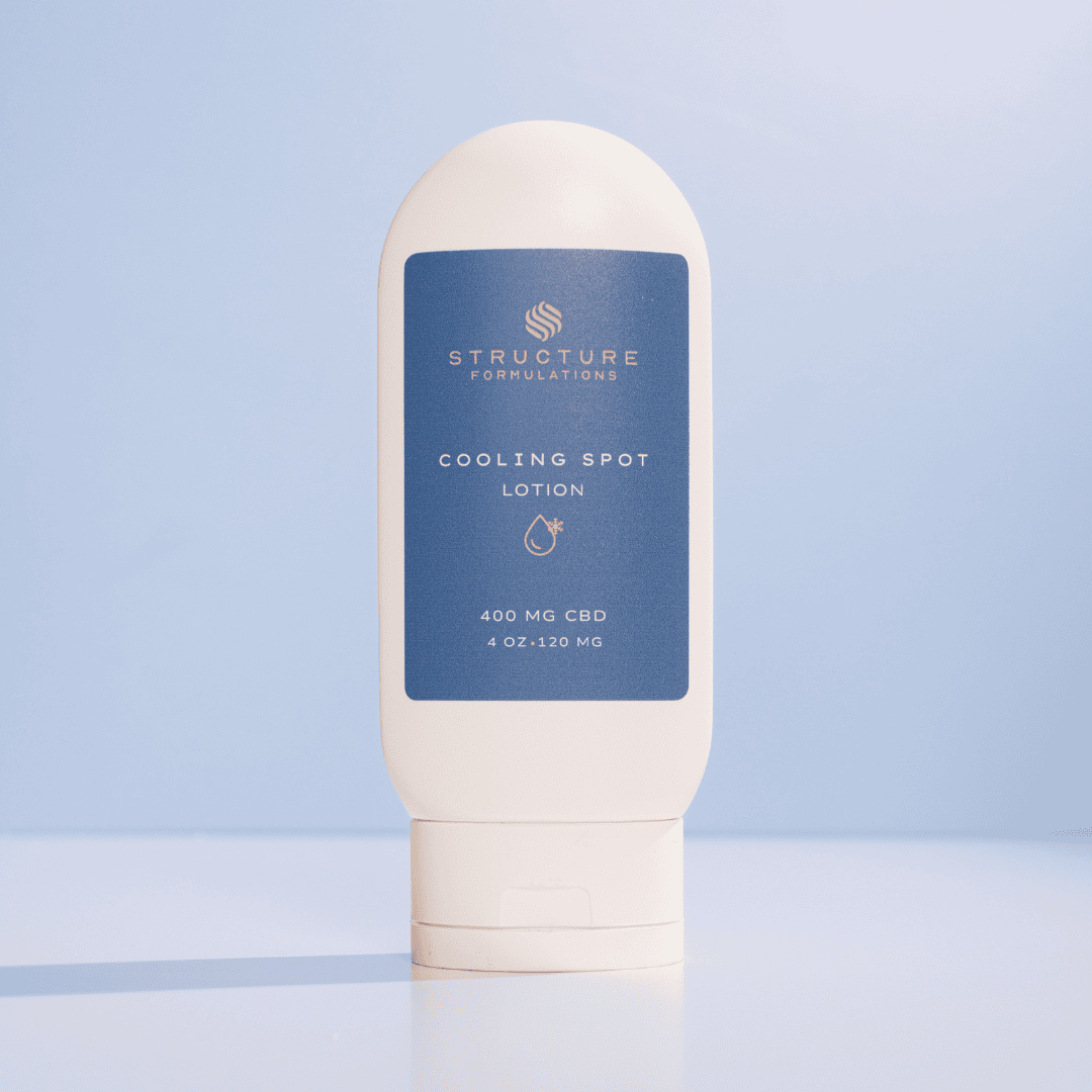 1 CBD cooling spot lotion for skin relief, formulated with Structure Formulations. Ideal for targeted skin application, offering soothing effects and supporting skin health with 400mg CBD.