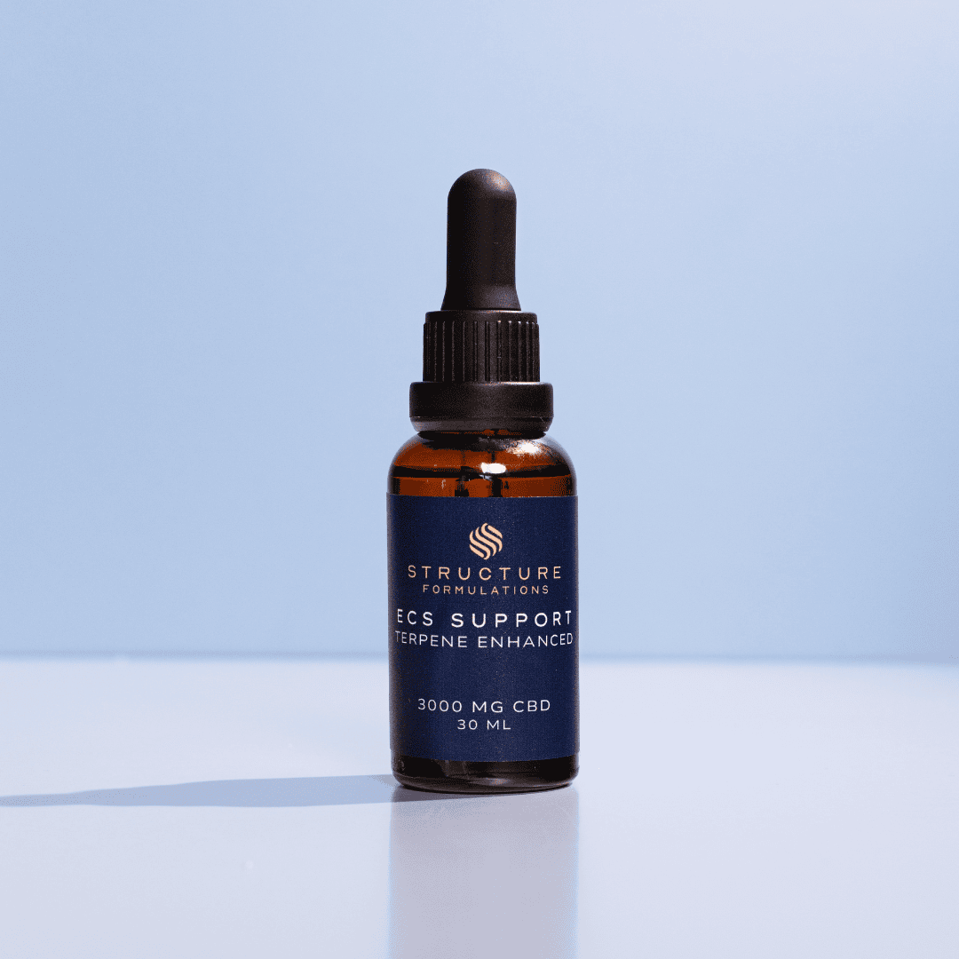 2 CBD oil dropper bottle with Structur Formulations branding, promoting CBD products for health and wellness, featuring terpene-enhanced formula, 3000mg CBD, 30ml.