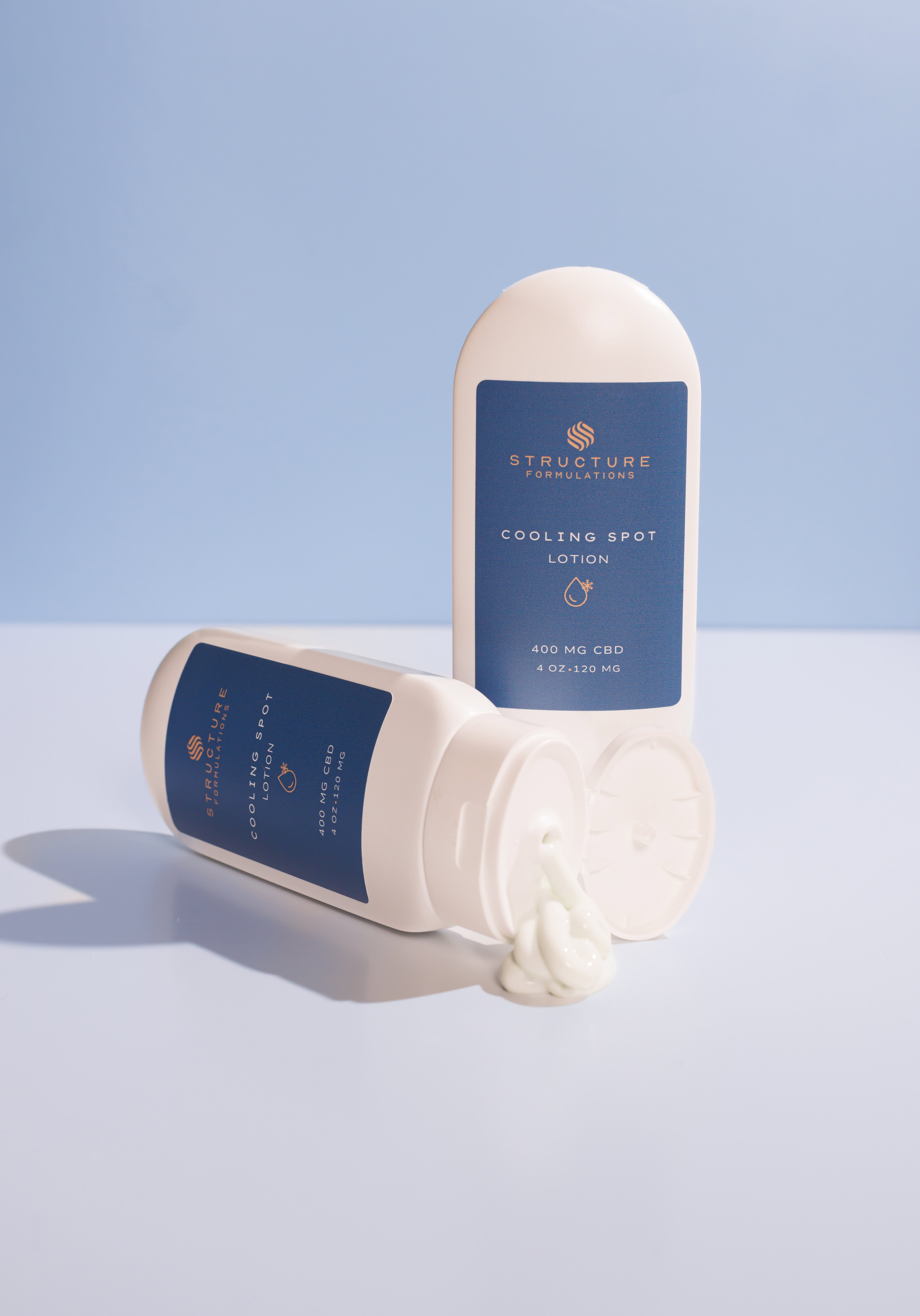 Cooling spot CBD lotion with 400mg CBD in a sleek white bottle featuring blue labeling, designed for skin cooling and relaxation, perfect for skincare routines.