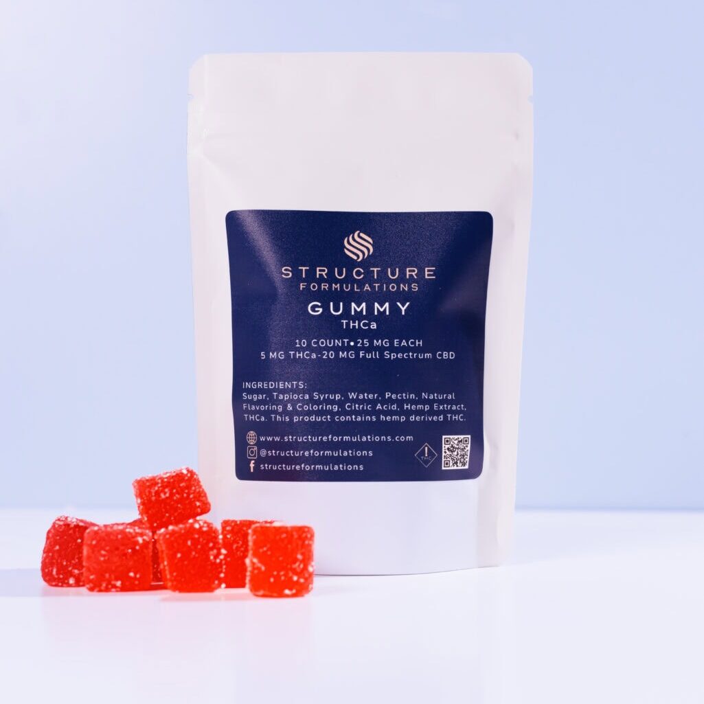 HS6A4676 High-quality hemp-derived CBD gummies packaged in a white resealable bag with a blue label, featuring the Structure Formulations logo and product details for wellness and relief.