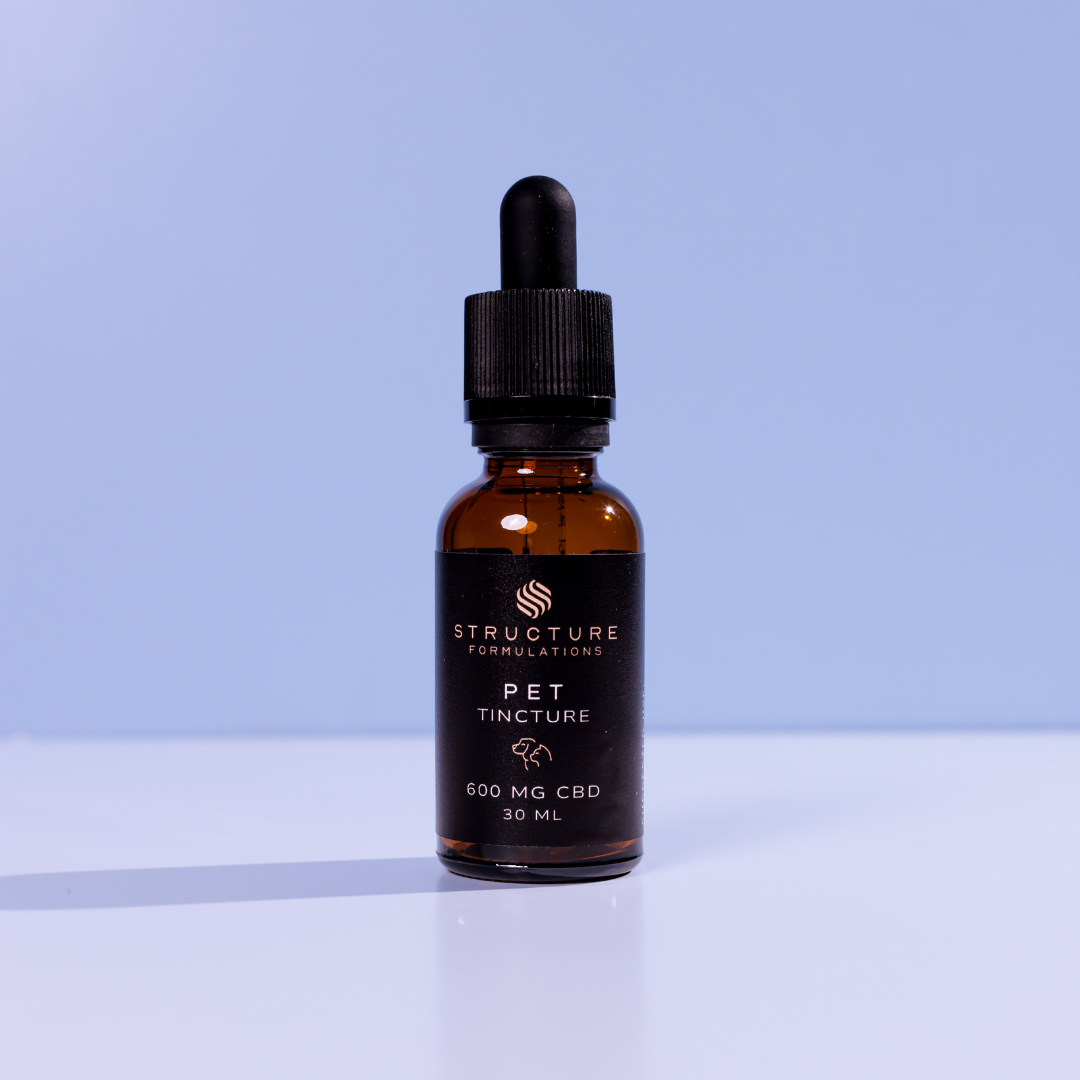 Untitled design (3) CBD pet tincture bottle with dropper, optimal for pet wellness and health, high-quality CBD formulation from Structure Formulations.